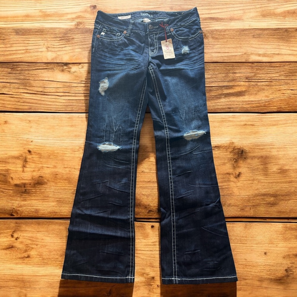 Decree Dark Blue Distressed Flare Jeans